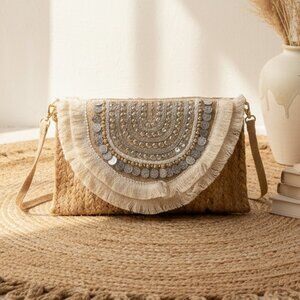 Indian Artisan Boho Chic Beaded Fringe Jute Crossbody Braided Ethnic Clutch
